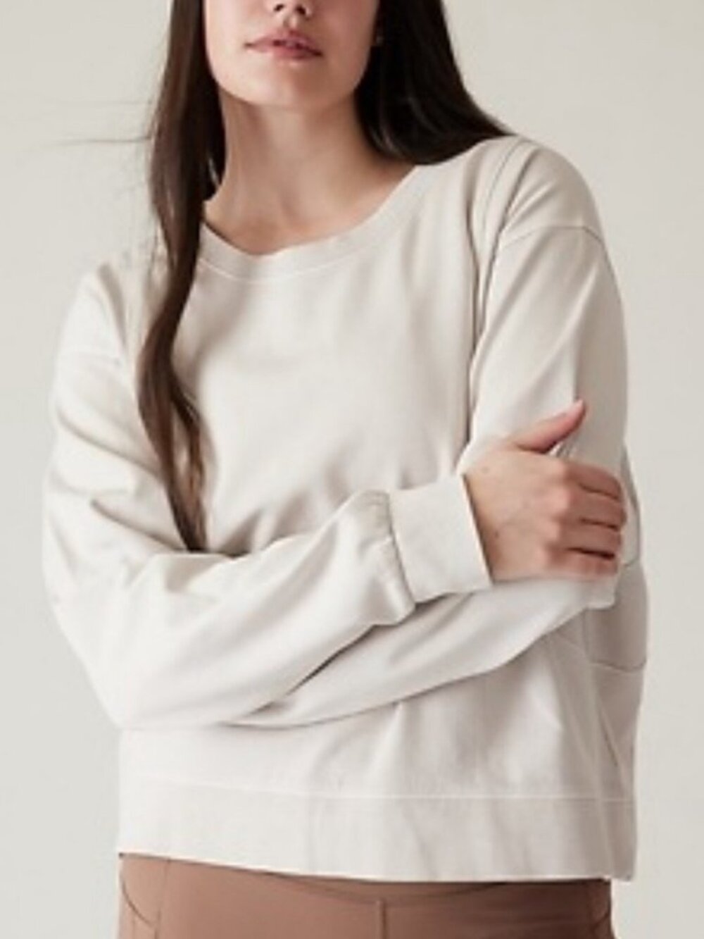 Athleta Cropped Crew Neck Sweatshirt L Beige Yoga Gym Outdoor Activewear
